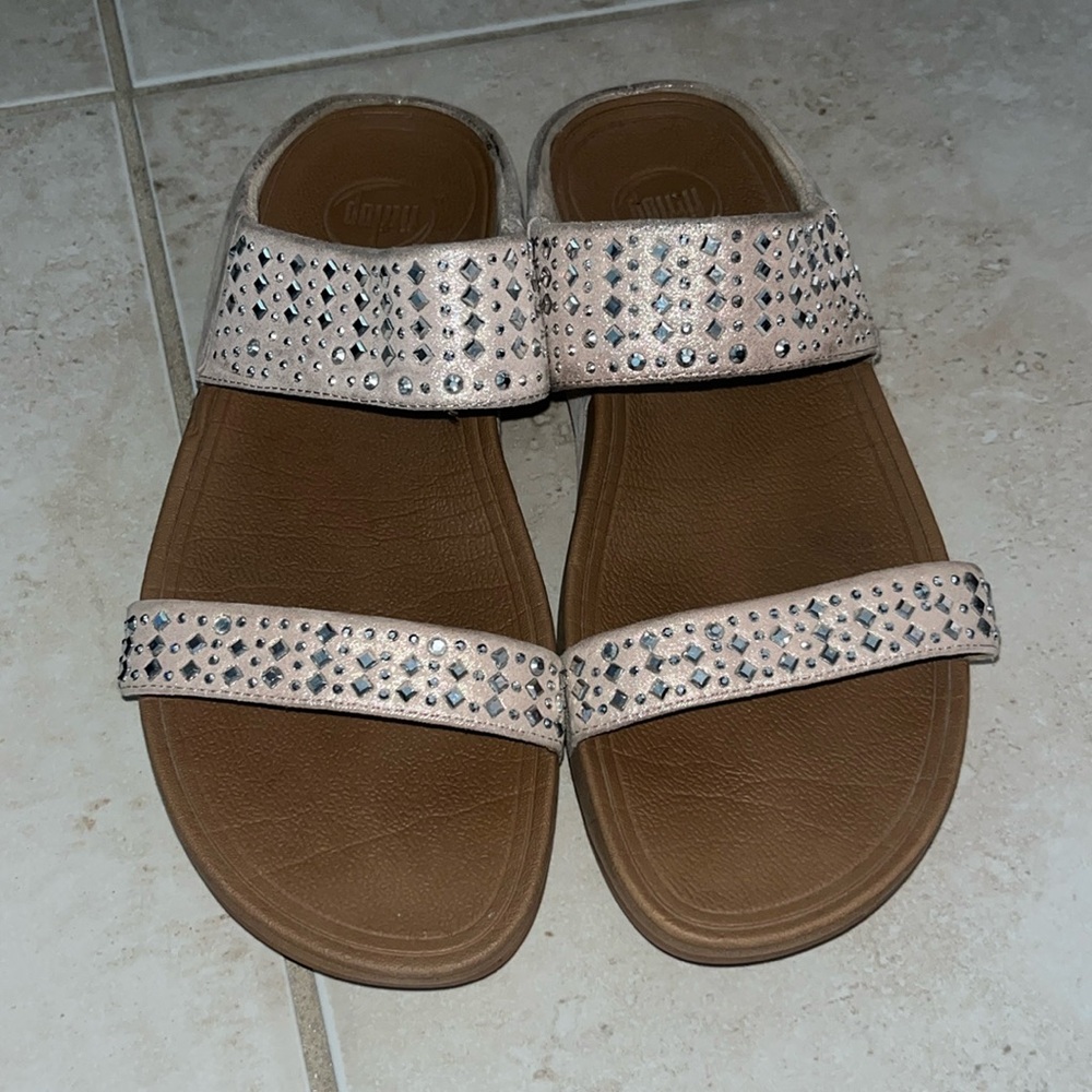 Fitflop pink rose gold Flare Slide Suede Crystal Wedge Sandals